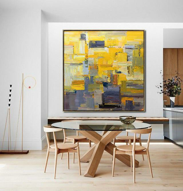Oversized Palette Knife Painting Contemporary Art On Canvas,Hand Paint Large Clean Modern Art,Yellow,Brown,Taupe,Gray Violet